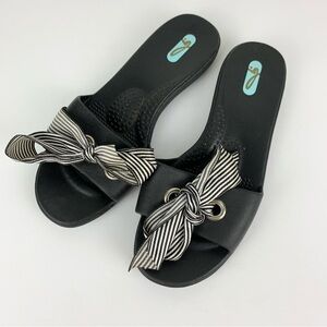 oka.b Slip On Black Slides Rubber Bow Front Tie Striped Sandals Medium